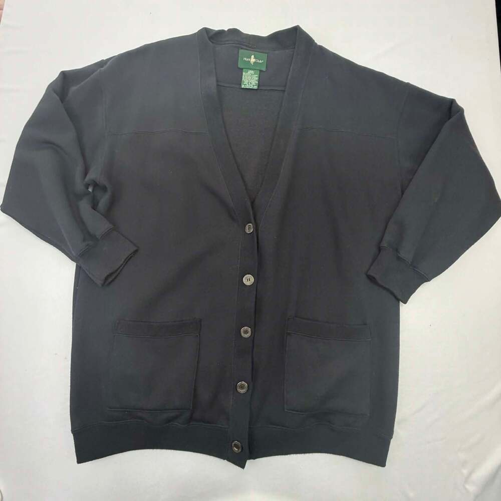 Vintage Hunt Club Black Fleece V-Neck Cardigan Sweatshirt Women's Large